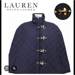 Lauren Ralph Lauren Navy Quilted Cape Coat Gold Fasteners Winter Lined Small